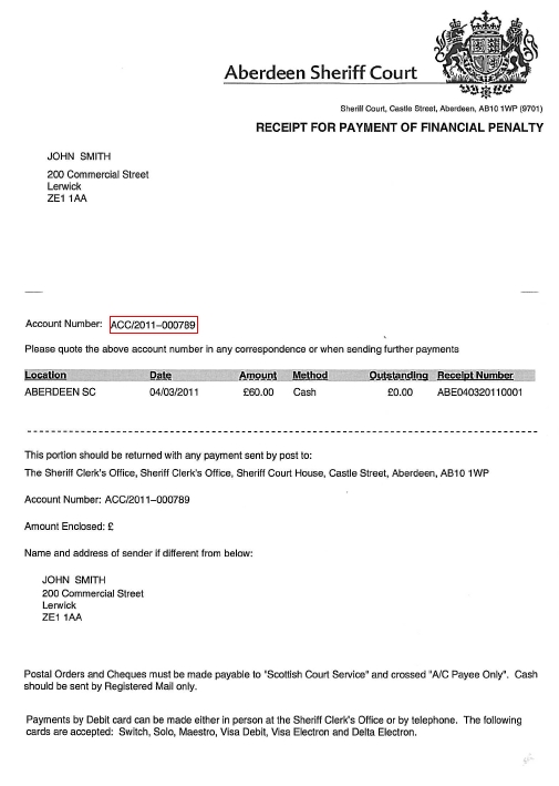 Example of 10 Digit Fine Account Reference Number